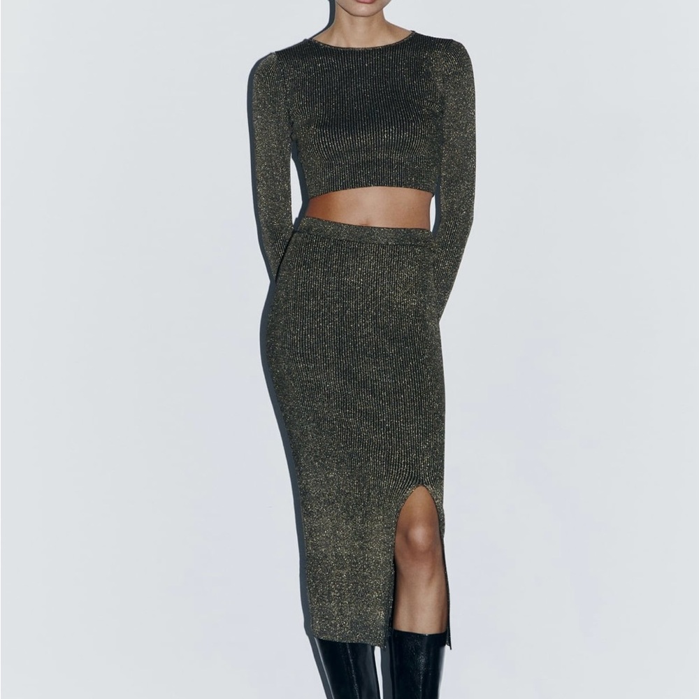 Zara top and midi skirt set black and gold metallic threading